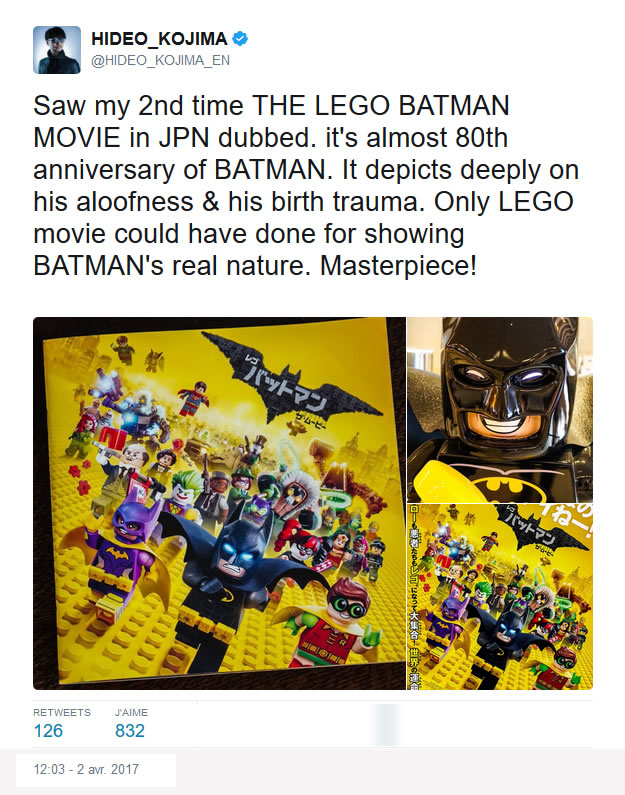 Critique de « Lego Batman, Le Film » par Hideo Kojima sur Twitter
