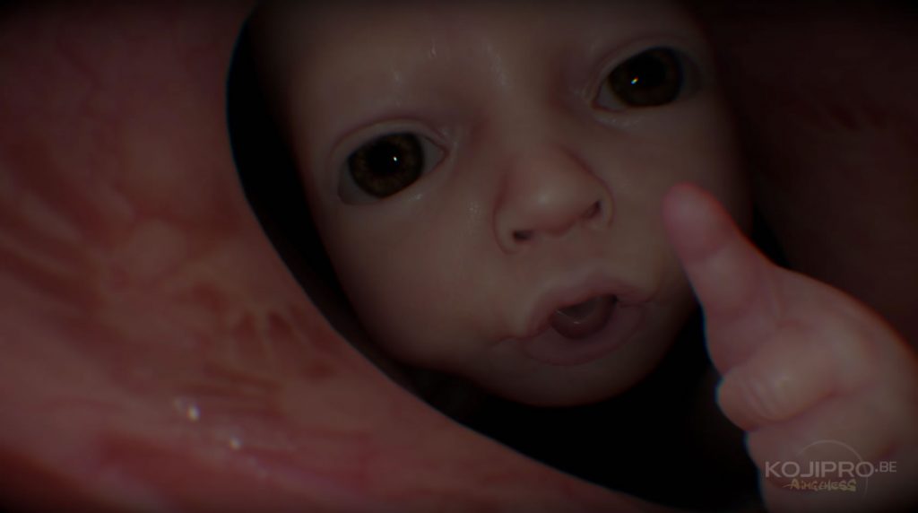 Dans les entrailles de Sam, le bébé lève le pouce en direction de la caméra.